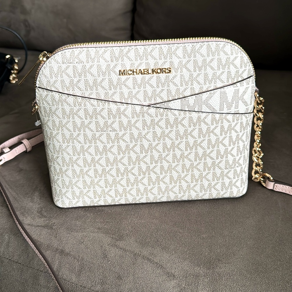 MICHAEL KORS Pink Blush & Nude Monogram Cross Body Bag /Purse. NEW - Picture 2 of 8